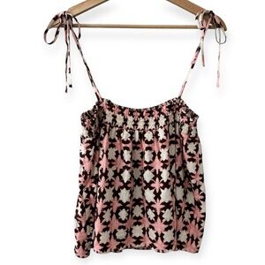 Loft Batik Print Linen Blend Smocked Tie Shoulder Top Medium Petite NWT